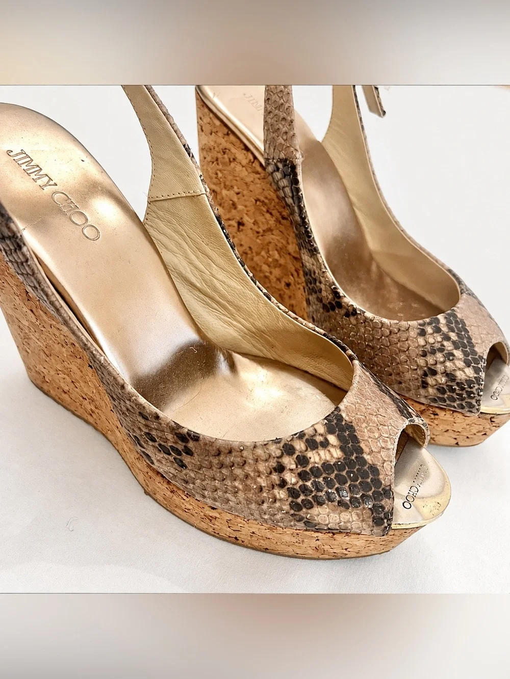Jimmy Choo Snakeskin Leather Cork Slingback Wedge 38